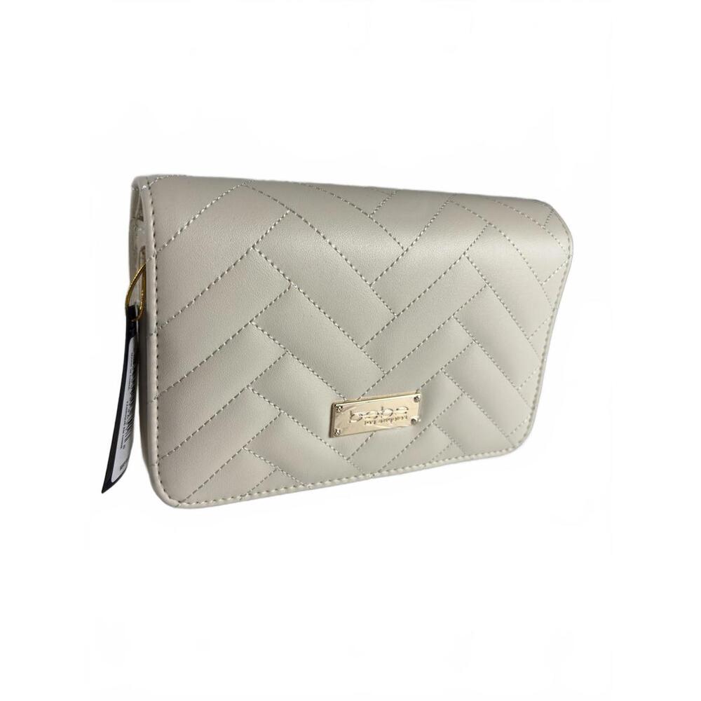 Bebe Sophia Crossbody Bag Small Creme Quilted Faux Leather Gold Chain NWT